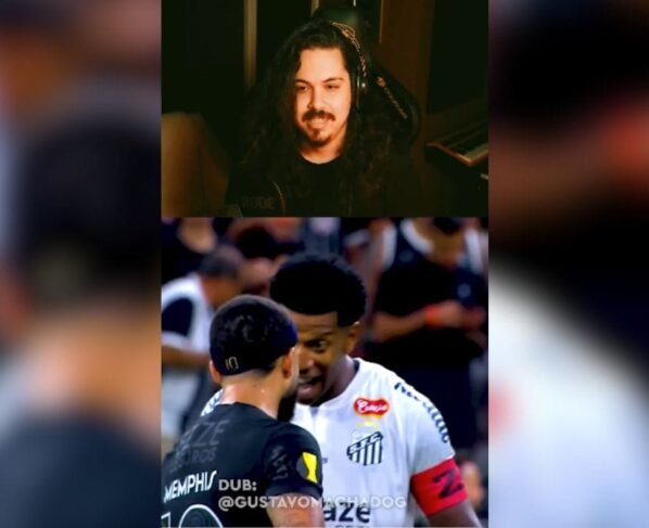 Imagem mostra dublador Gustavo Machado e jogadores do Santos e Corinthians abaixo